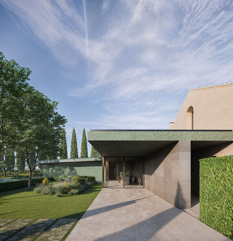 General view of the luxury cycling resort in the Padua countryside, where 19th-century historic volumes blend harmoniously with contemporary interventions.