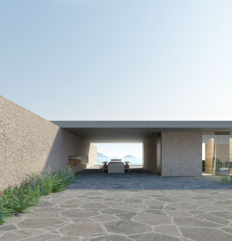 Contemporary holiday villa in Golfo Aranci, Sardinia with panoramic sea views, large windows, pool, and open-plan living. Designed by MIDE architetti to harmonize with the landscape.
