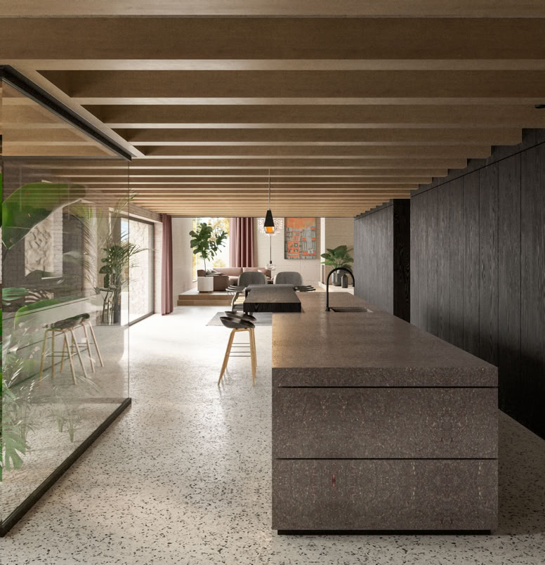 Detail of the kitchen in the contemporary farmhouse renovation project by MIDE architetti.