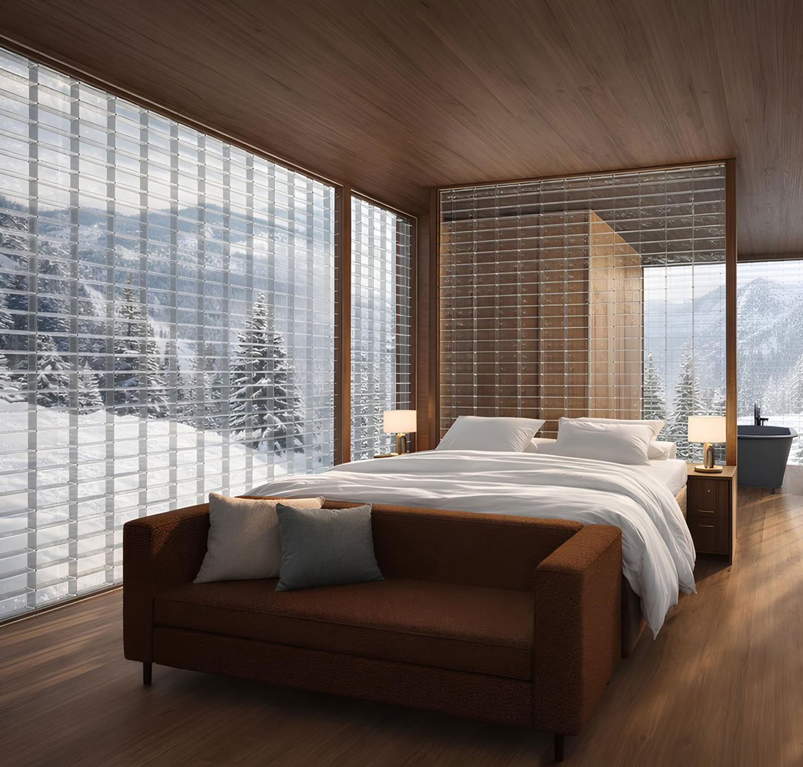 Camera da letto di Aether, progettata da MIDE architetti  con superfici vetrate e schermature verso il paesaggio