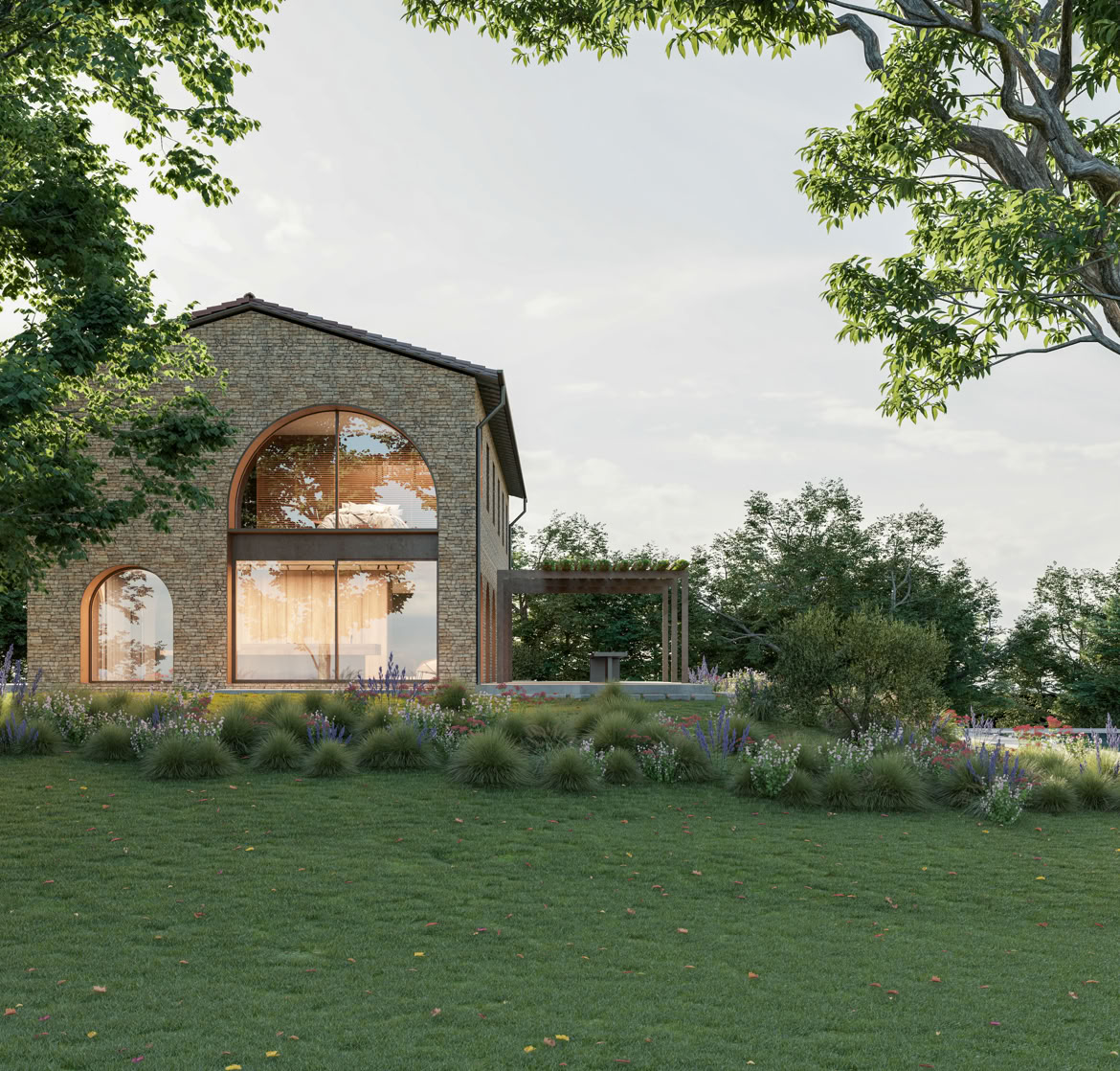 Renovated natural stone farmhouse in the Bertinoro hills, Emilia-Romagna, featuring contemporary rural architecture.