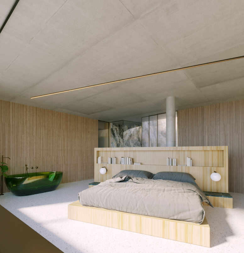 Suite padronale con finiture di pregio e affaccio riservato, progettata per garantire massimo comfort e privacy. La zona notte è pensata come uno spazio intimo e rilassante, definito da luci morbide e tonalità calde.