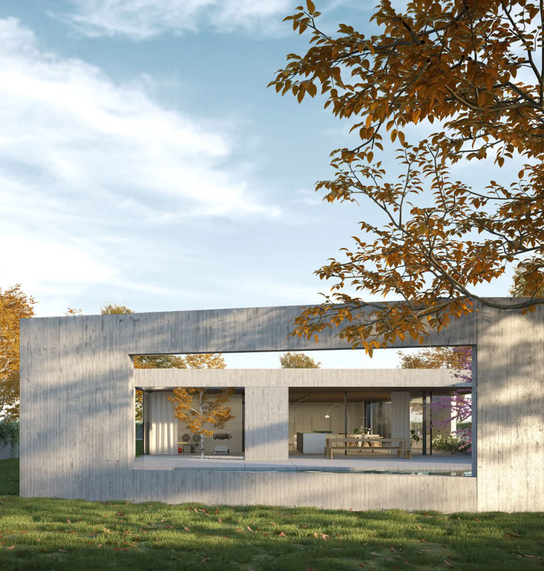 Contemporary single-level villa by MIDE architetti on the Piave River, combining privacy, open-space living, large glass windows, natural materials, and seamless integration with the surrounding landscape.