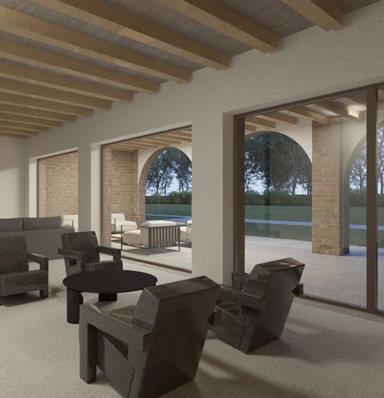 Contemporary reinterpretation of rural living spaces, offering luxury comfort within a historic farmhouse setting.