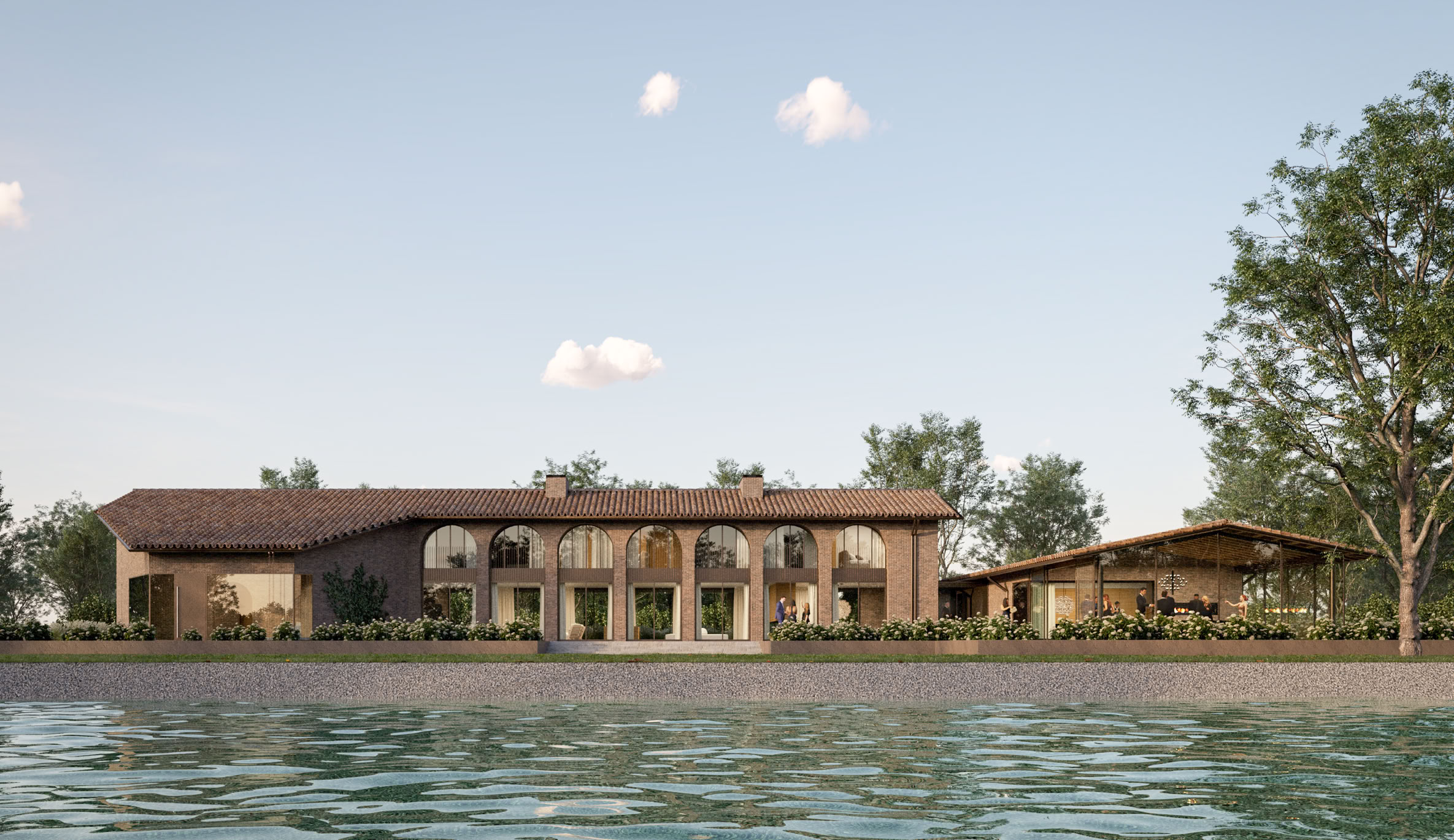 Front facade of the contemporary villa inspired by traditional Venetian rural architecture, combining elegance and modern design.