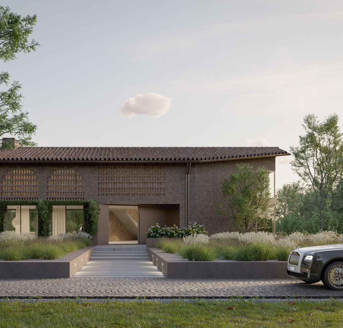 Exterior view of the villa set in the Venetian countryside, featuring refined materials and a contemporary architectural line.