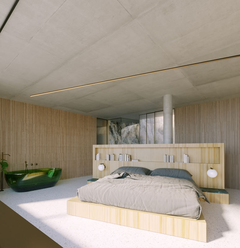 Suite padronale con finiture di pregio e affaccio riservato, progettata per garantire massimo comfort e privacy. La zona notte è pensata come uno spazio intimo e rilassante, definito da luci morbide e tonalità calde.