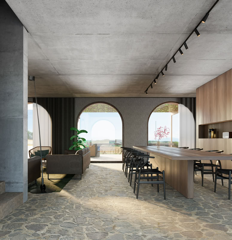Ground floor living area with large openings overlooking rolling garden hills.