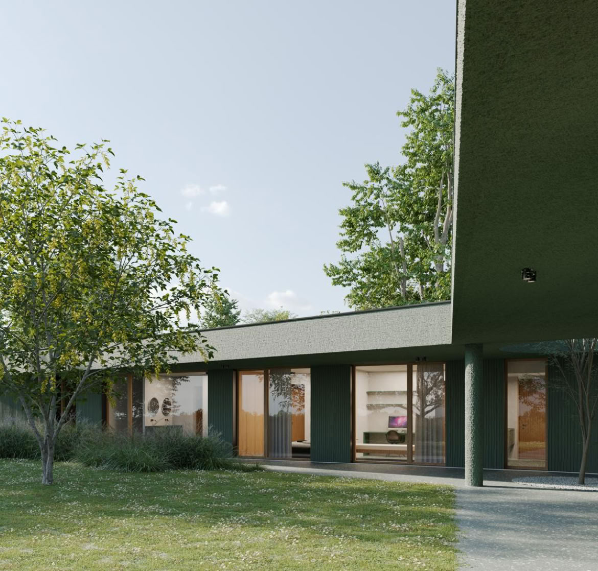 Exterior view of the villa’s portico in Selvazzano, featuring linear geometries and essential volumes integrated into the landscape.