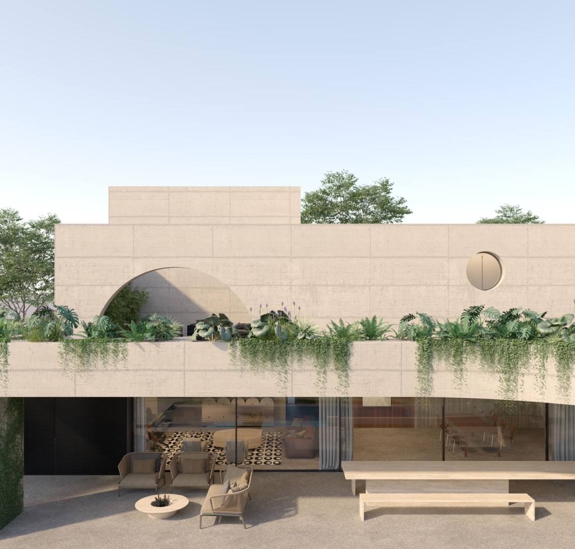 View of the contemporary exterior designed by MIDE Architetti for this multi-level private residence with spacious garden and pool. Terraces and volume arrangements interact harmoniously with the outdoors.