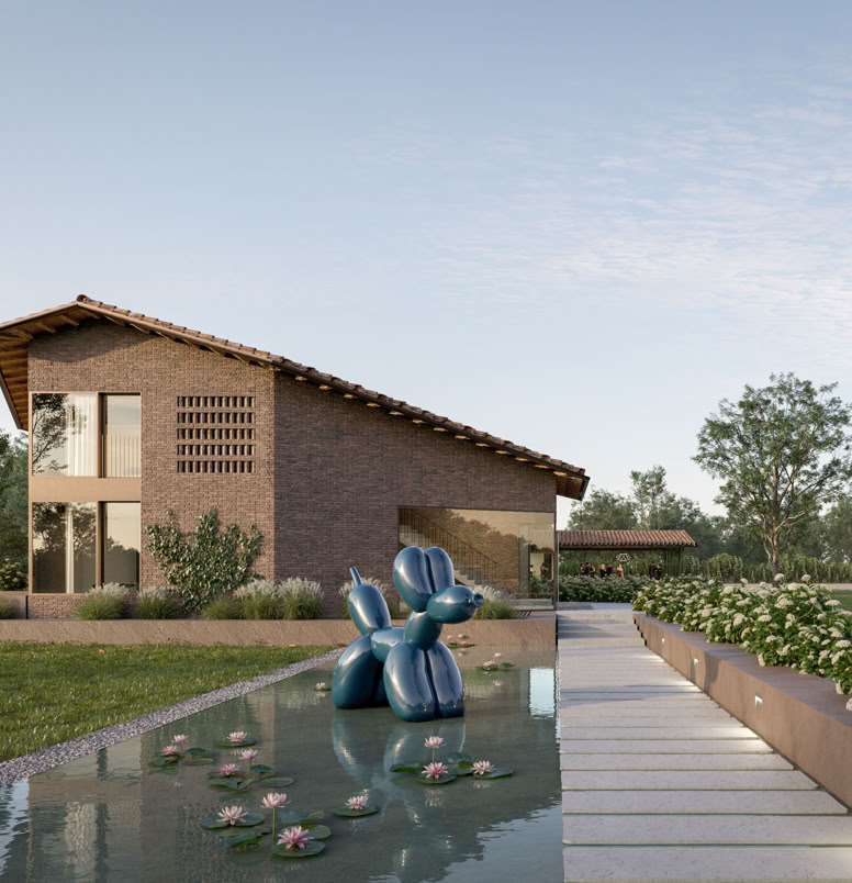 Large glass windows overlooking the private lake, seamlessly extending interior spaces toward the outdoors.