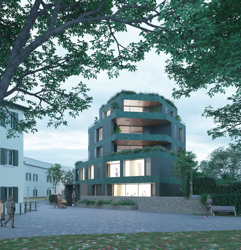 Modern architecture of the Treviso residential building, designed with natural materials and integrated into the surrounding landscape