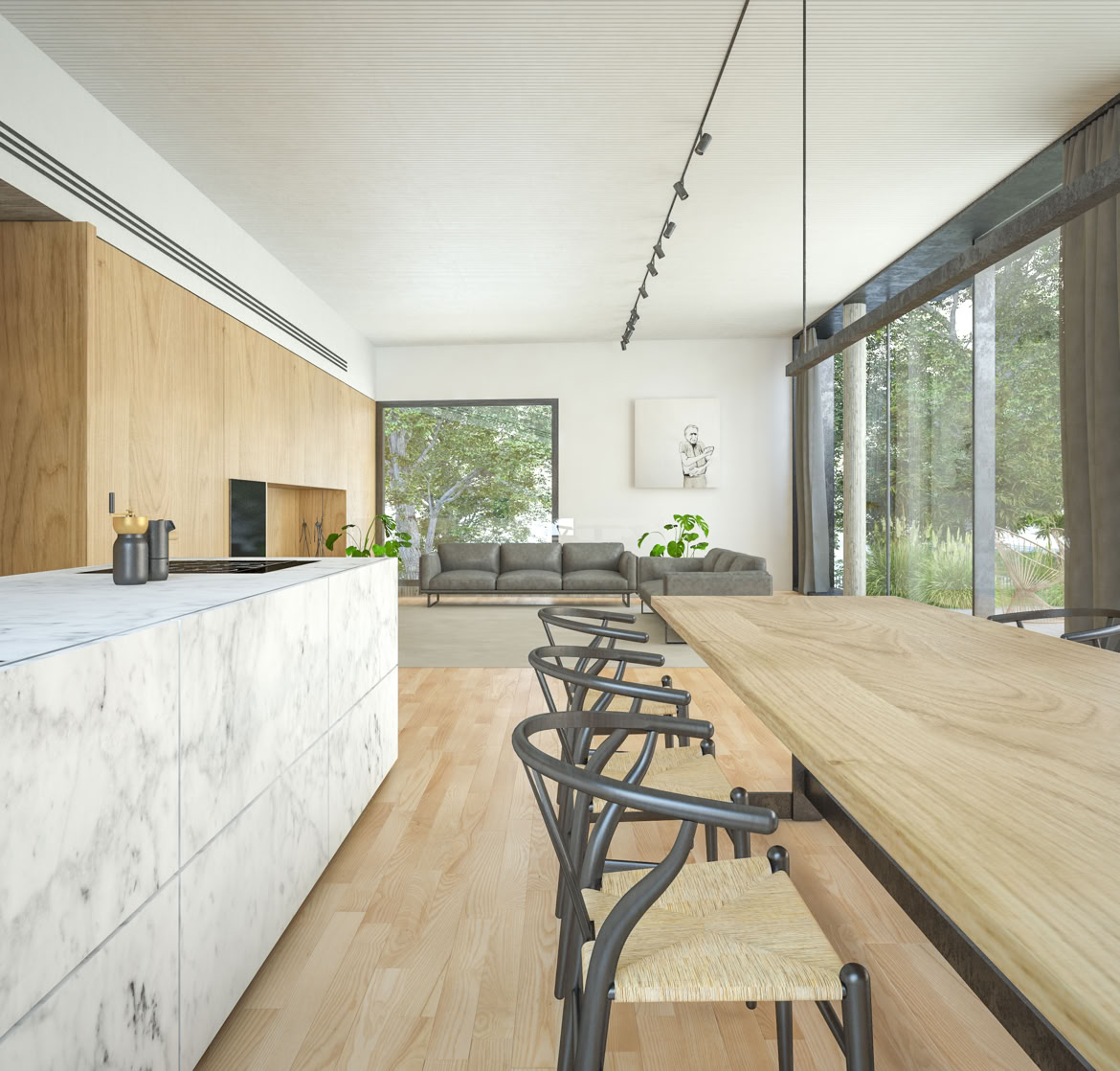 Contemporary living area with wooden feature wall: warm, bright spaces opening onto the terrace.