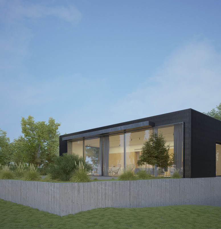 Terrace with panoramic river view: large south-facing glass wall that extends the living area toward the landscape.