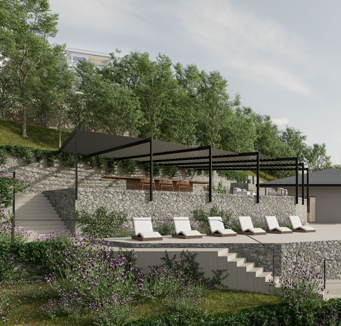 Lo spazio terrazzato esterno, attrezzato con area relax e tavoli per la colazione stagionale, permette di godere del panorama e di un’esperienza esclusiva all’aperto.