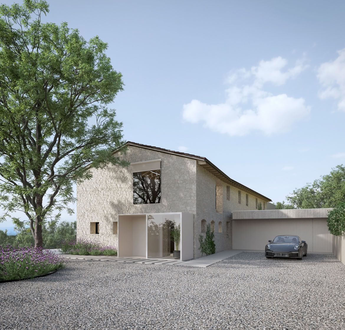 Vista esterna della villa firmata MIDE architetti con vista sulle colline di Treviso. Dettaglio dell'ingresso con ampliamento del corpo storico dell'edificio.