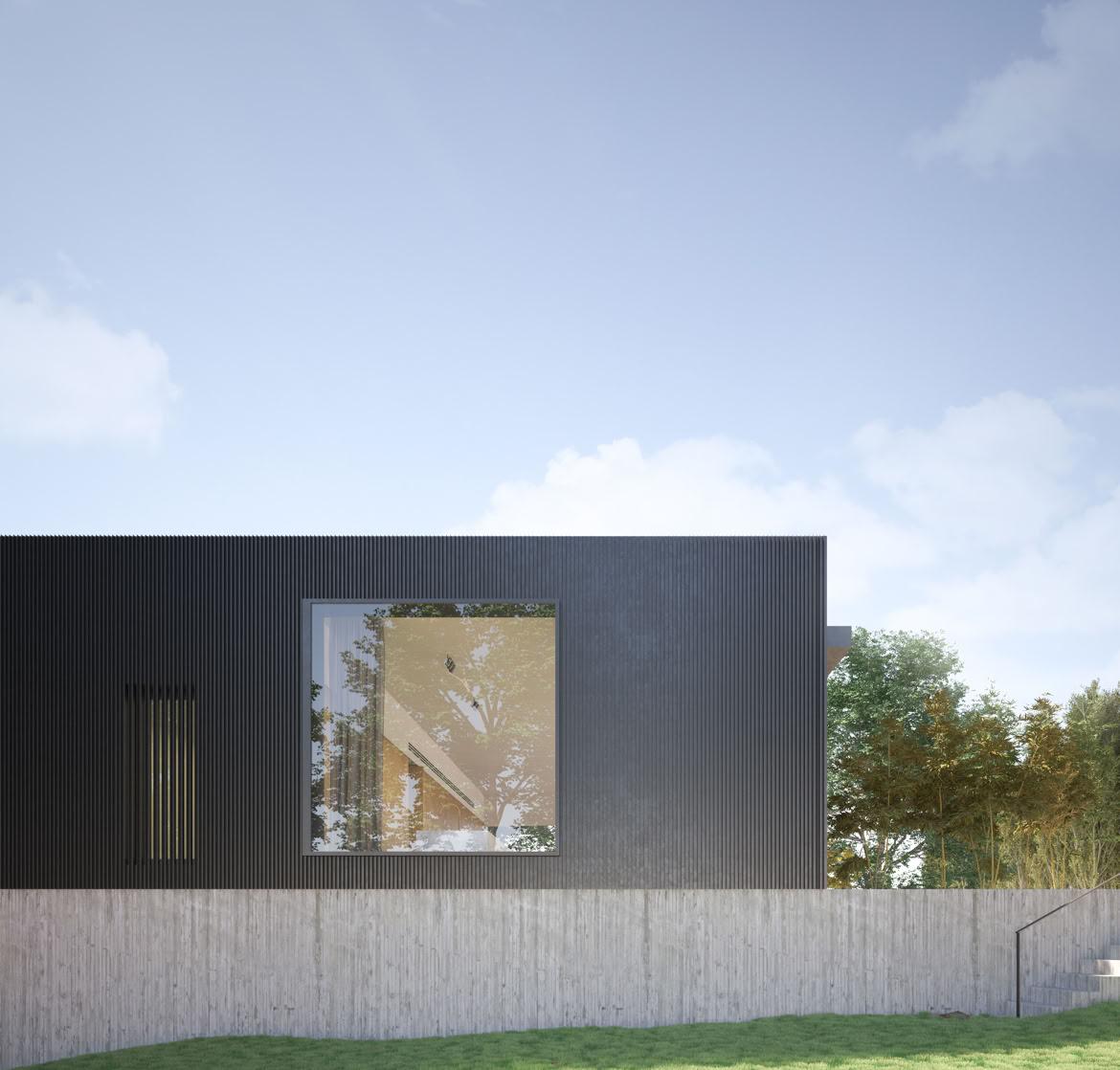 External view of the contemporary riverside house: upper volume clad in metal and exposed concrete base.