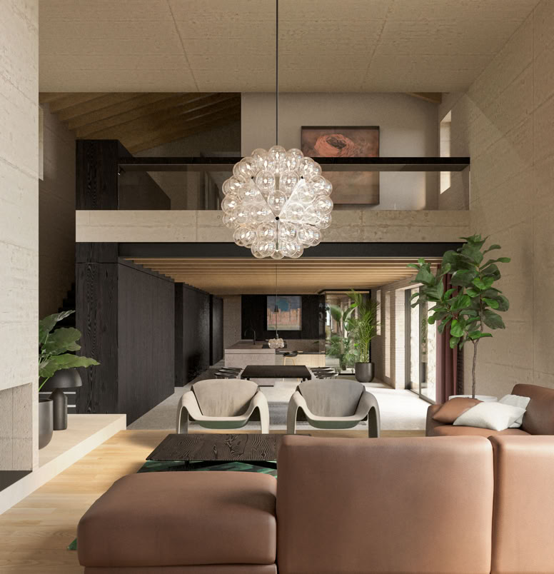 Ground floor living area with large openings overlooking rolling garden hills.