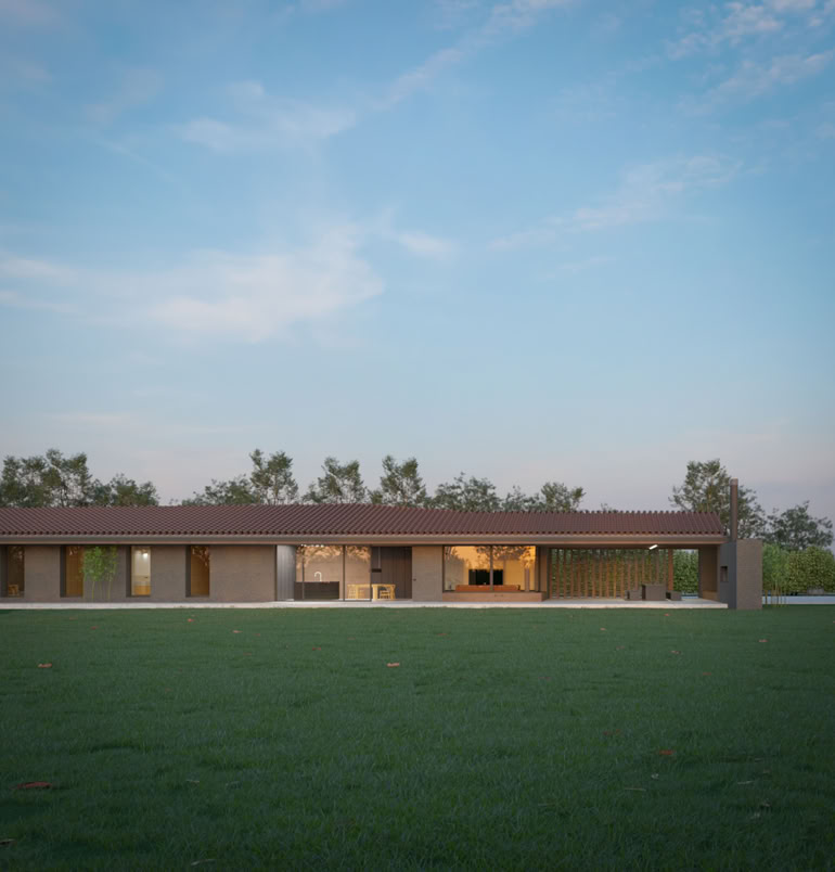 Single-level contemporary residence with pitched roof, porch, and full-height windows. Natural materials and refined details create harmony, comfort, and seamless connection with the garden.