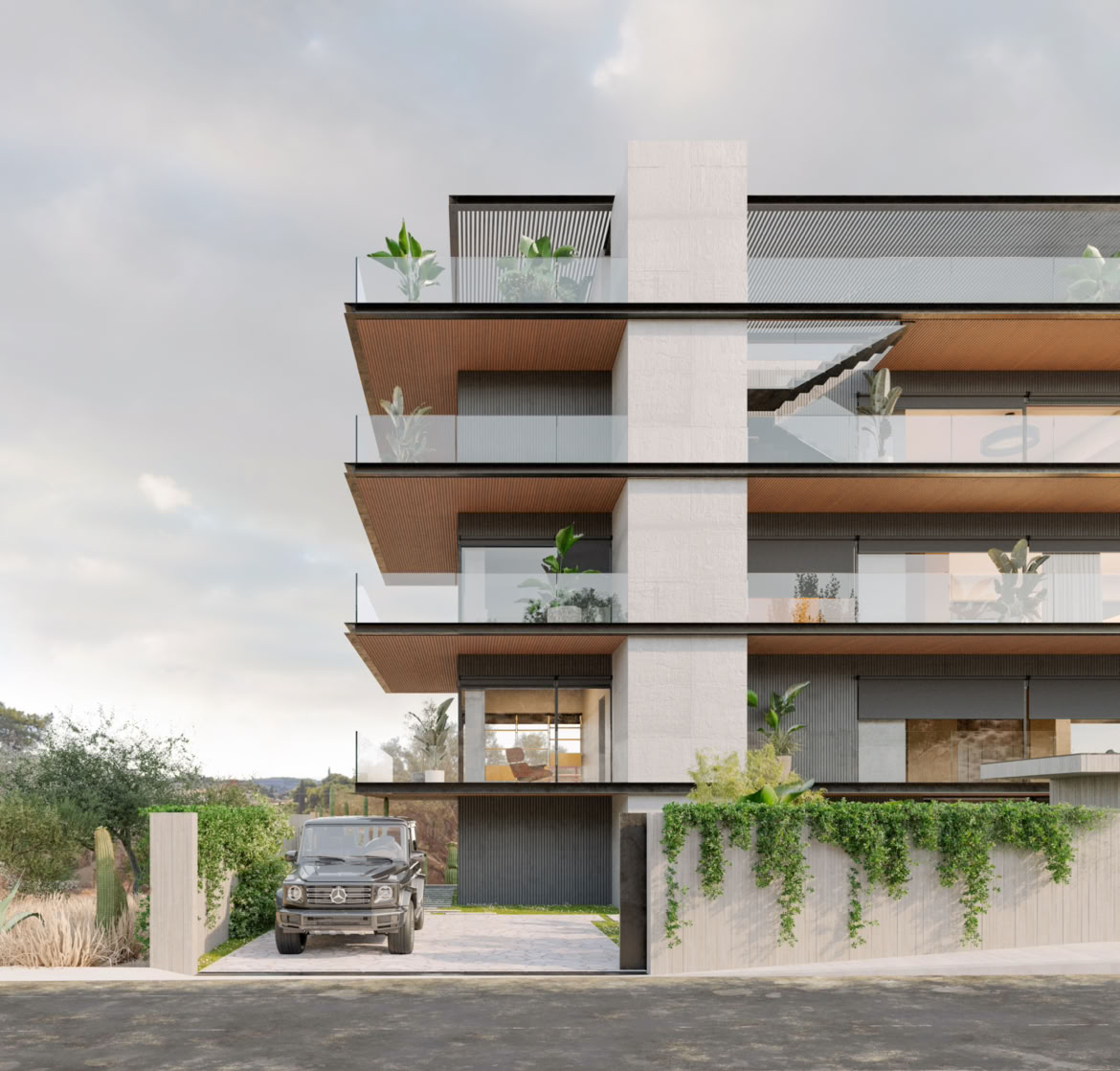 Vista frontale della residenza contemporanea su 5 piani ad Atene, con grandi vetrate che inquadrano la vista panoramica sul mare e sulle colline.