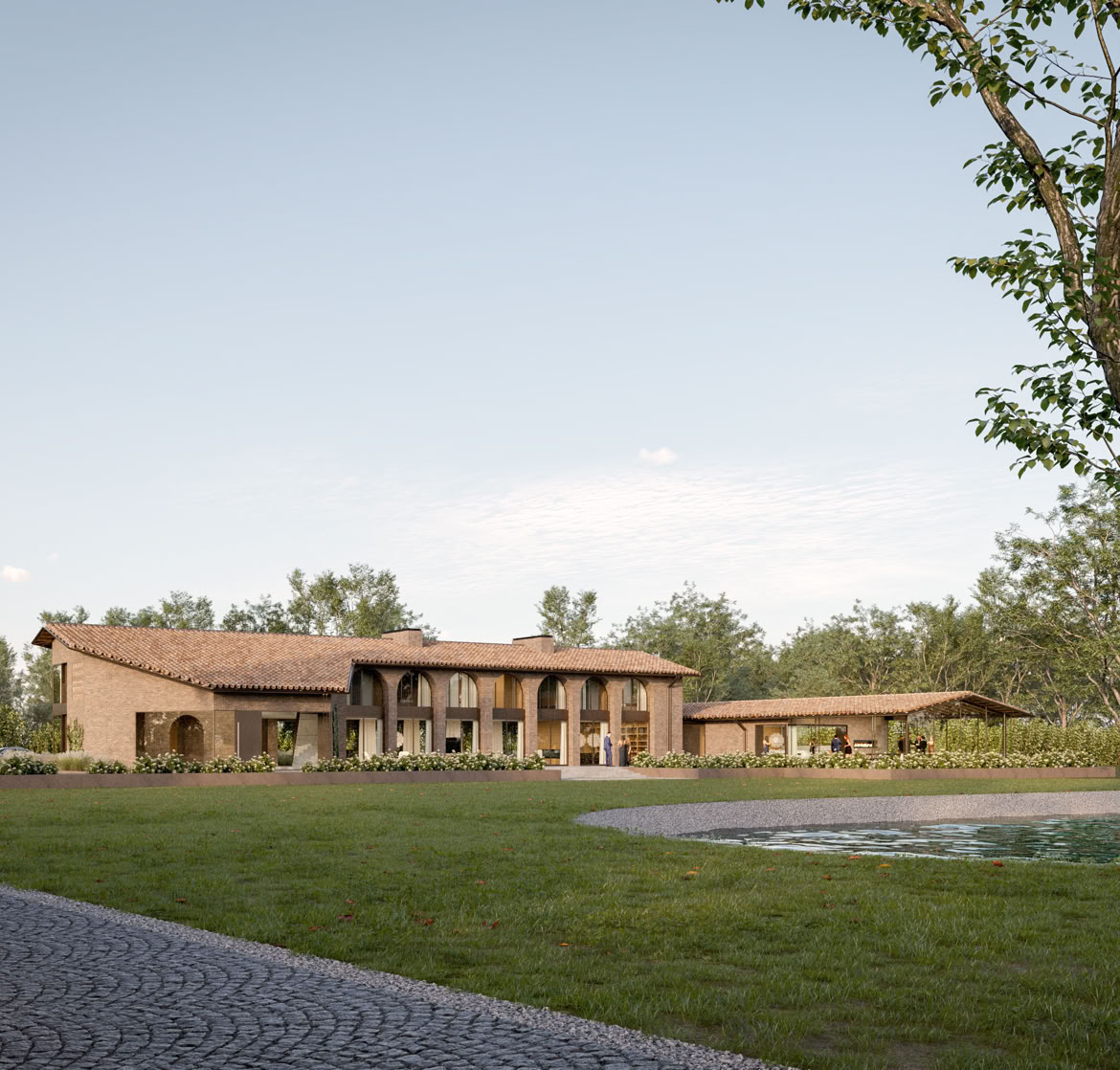 Exterior view of the villa set in the Venetian countryside, featuring refined materials and a contemporary architectural line.