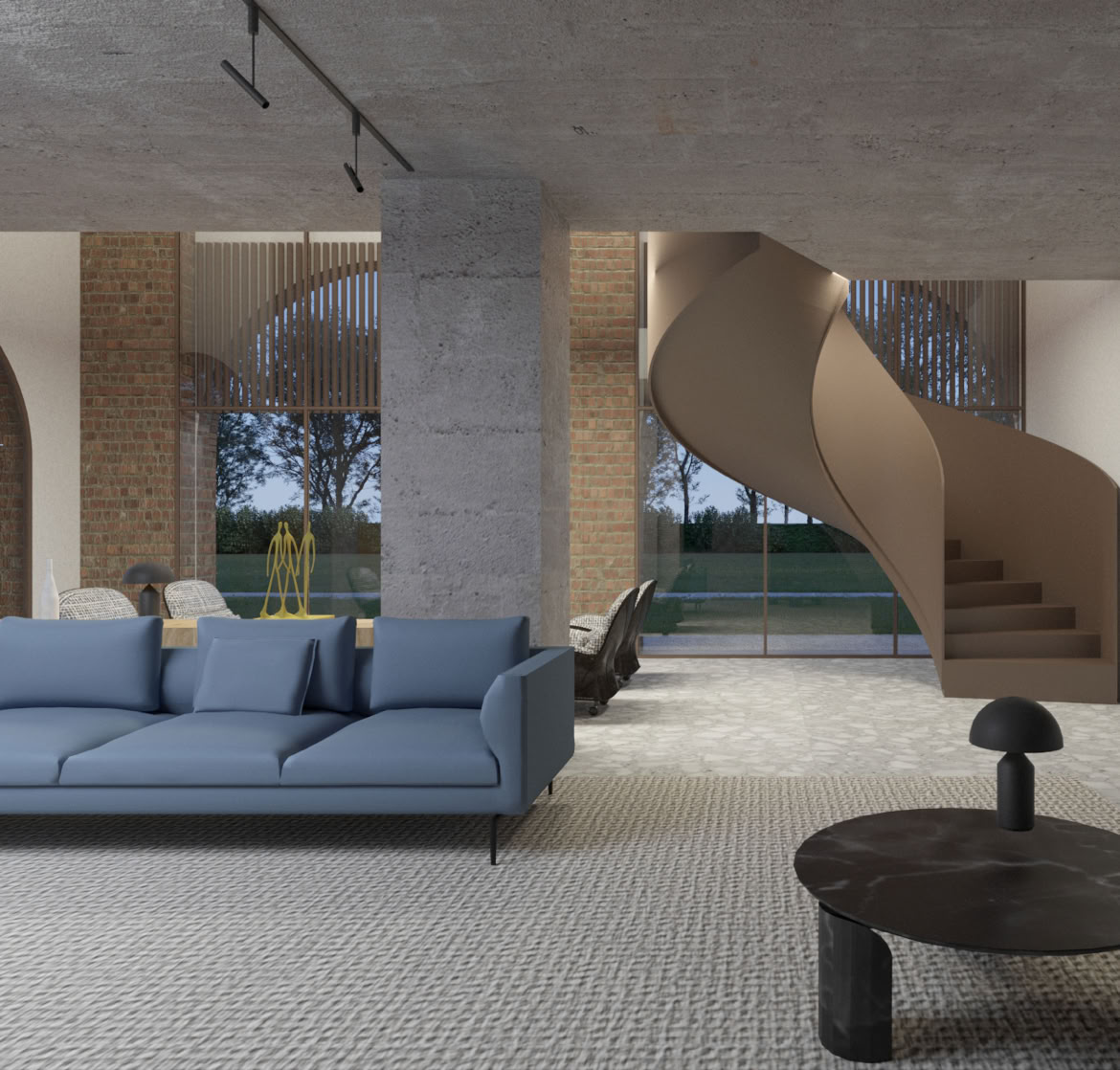 Interior staircase and living spaces blending the farmhouse’s historical character with modern architectural elegance.