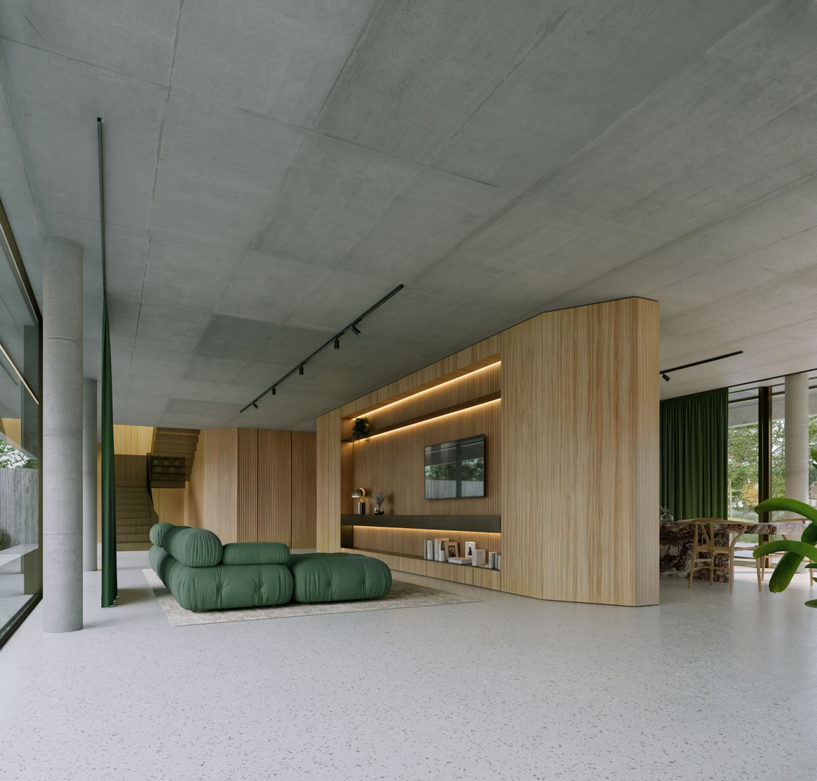Contemporary living area interior, with large panoramic glass walls, premium materials, and a design that maximizes natural light and the connection with the outdoor spaces.