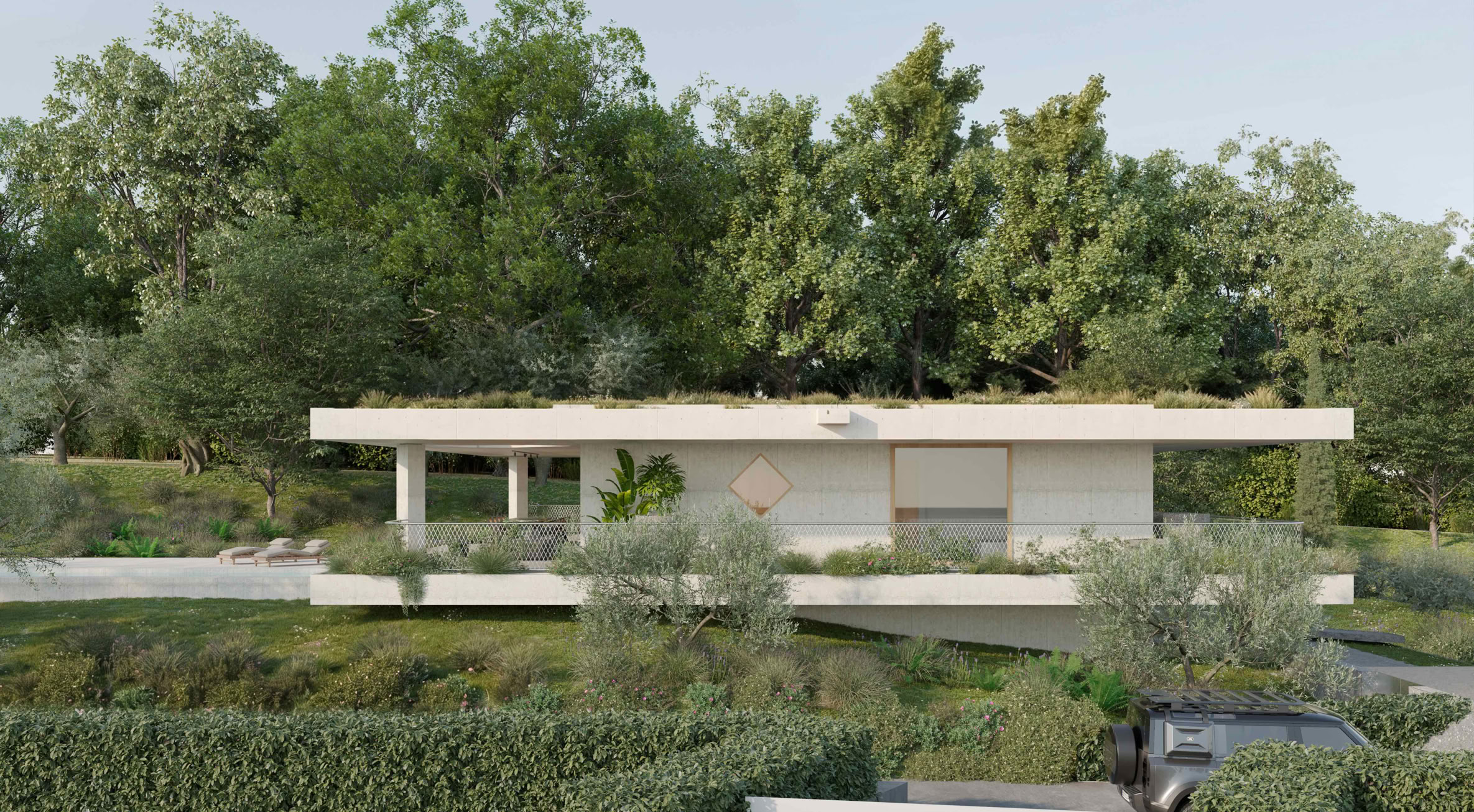 Façade of Villa sulla Soglia, where horizontal concrete planes and vegetation define the relationship between the villa and its landscape.