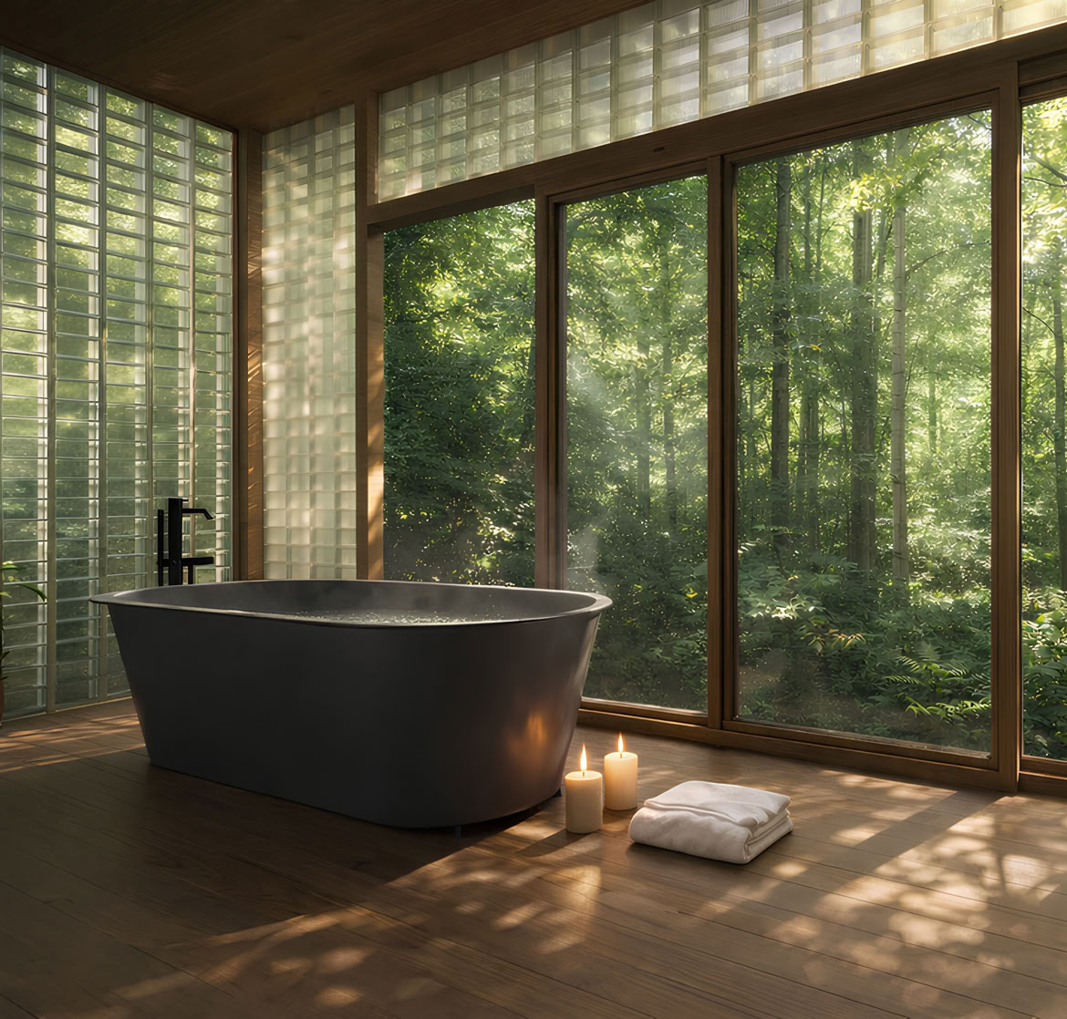 Interno di Aether con vasca freestanding e grandi vetrate affacciate sul bosco. Stanza immersiva progettata da MIDE architetti.