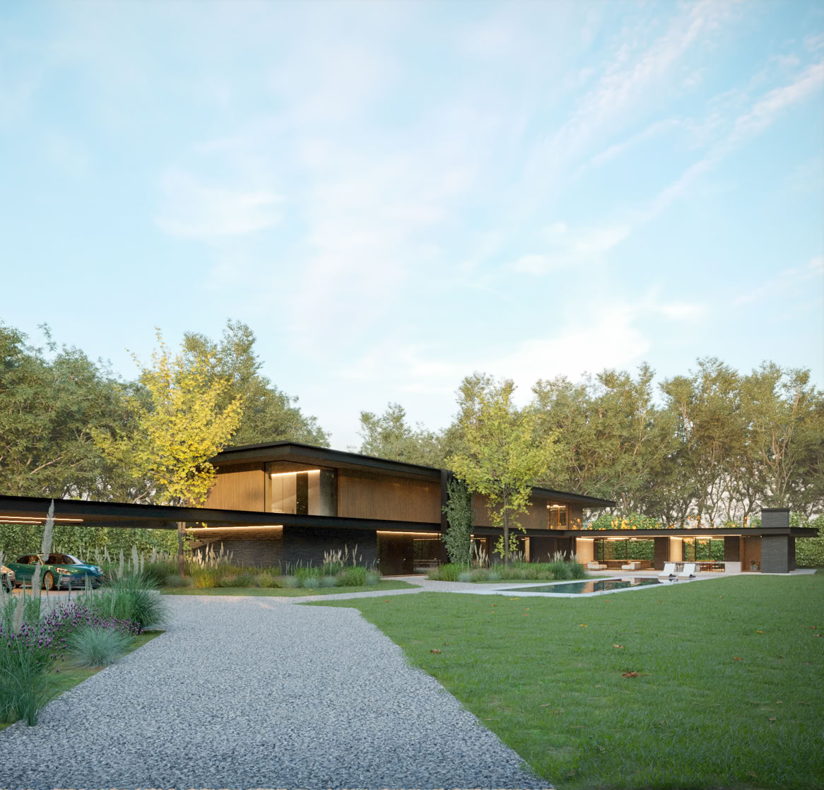 Luxury villa near Treviso with contemporary design, floor-to-ceiling glass, natural materials, curved staircase, private pool, and seamless indoor-outdoor living