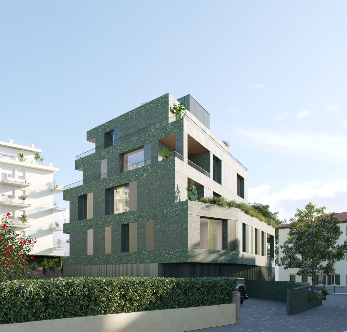 External view of the new residential building in Treviso near the Sile River, featuring a contemporary façade and private terraces.
