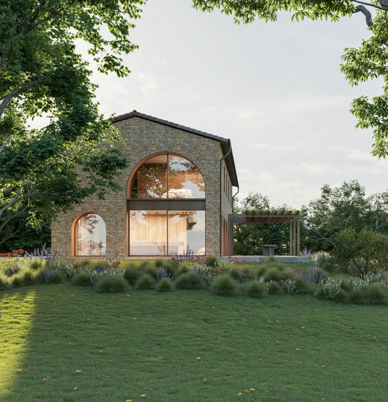 Renovated farmhouse in Bertinoro hills, Emilia-Romagna: contemporary design meets rural tradition, arched openings, stone walls, and panoramic landscape views.