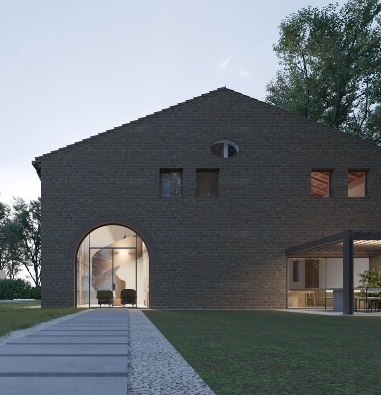 Expansive minimal windows highlighting the farmhouse’s historic arches, integrating indoor and outdoor spaces harmoniously.