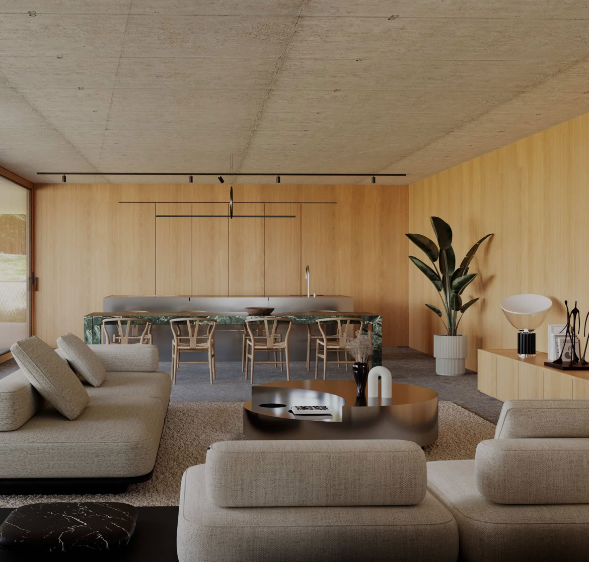IT Interno della zona giorno di Villa sulla Soglia, caratterizzato dal contrasto tra calcestruzzo a vista e boiserie in legno. Le grandi vetrate mettono in continuità living, cucina e spazio esterno, rafforzando il rapporto tra materia, luce e paesaggio.