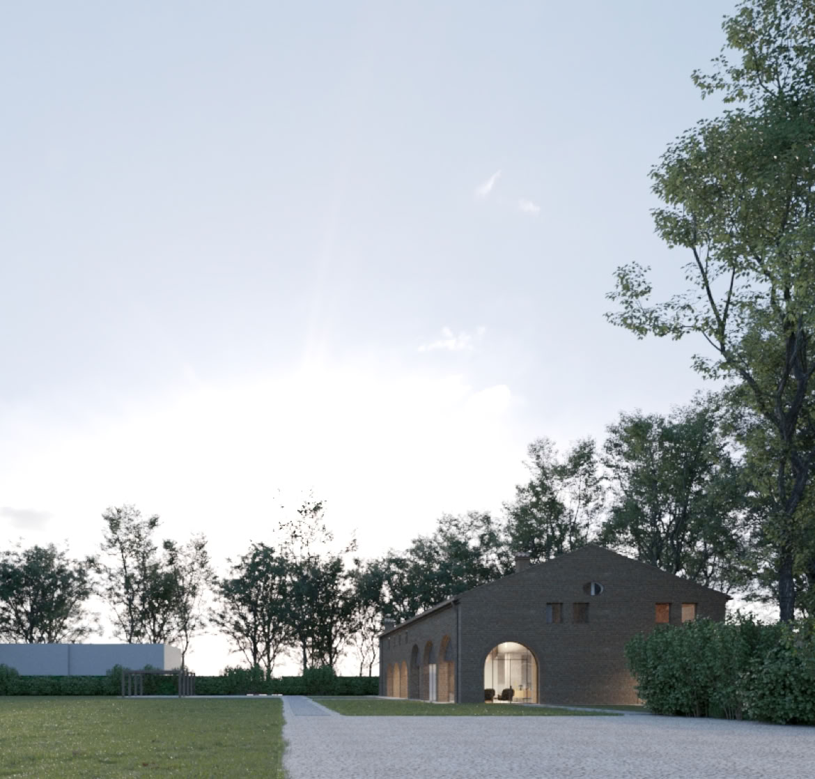 Panoramic view of the luxury contemporary rural villa immersed in lush greenery, perfectly blending architecture and landscape.