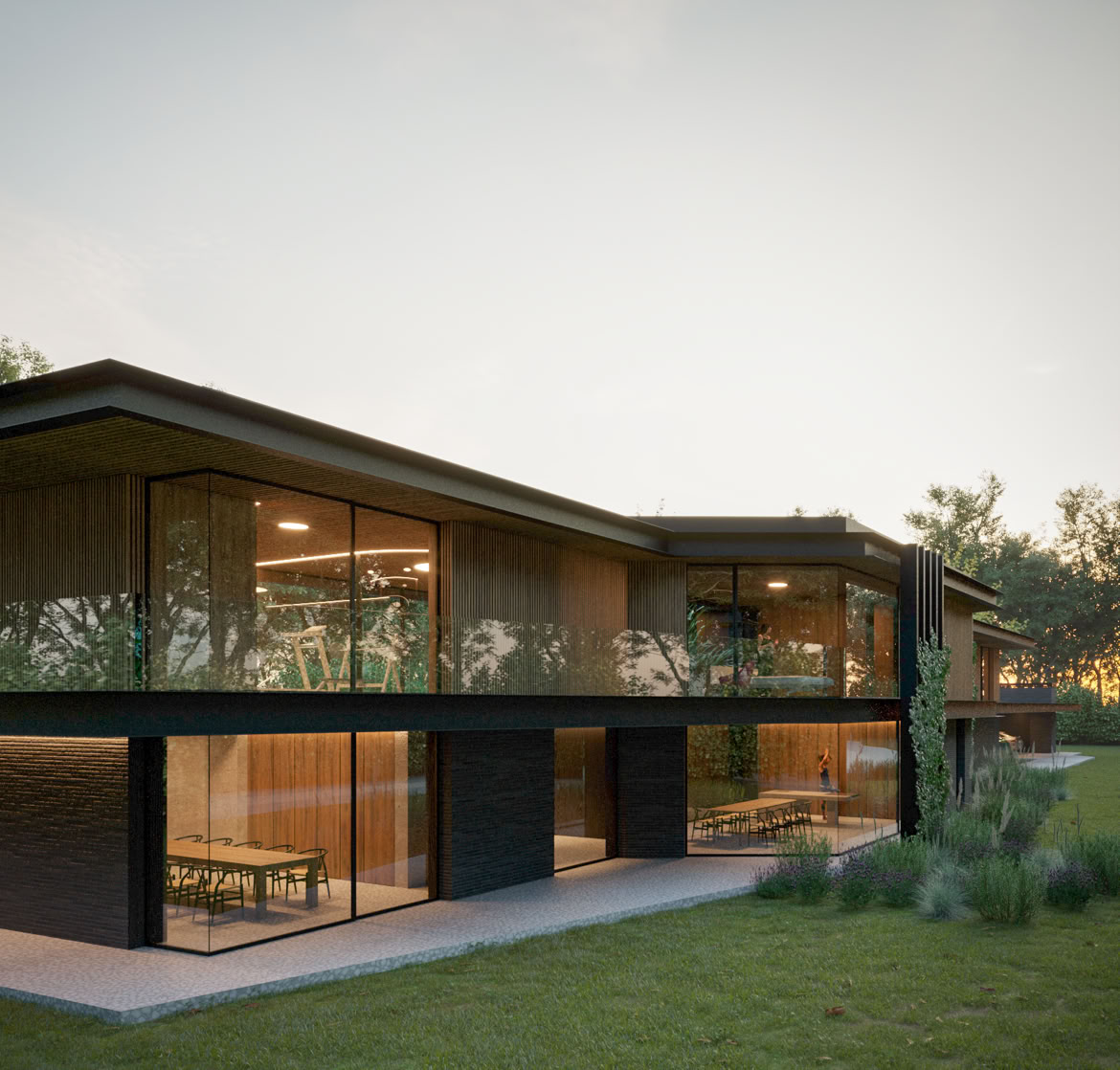 Contrast between the stone-clad base and the upper wooden level, enhancing the dialogue between architecture and nature.