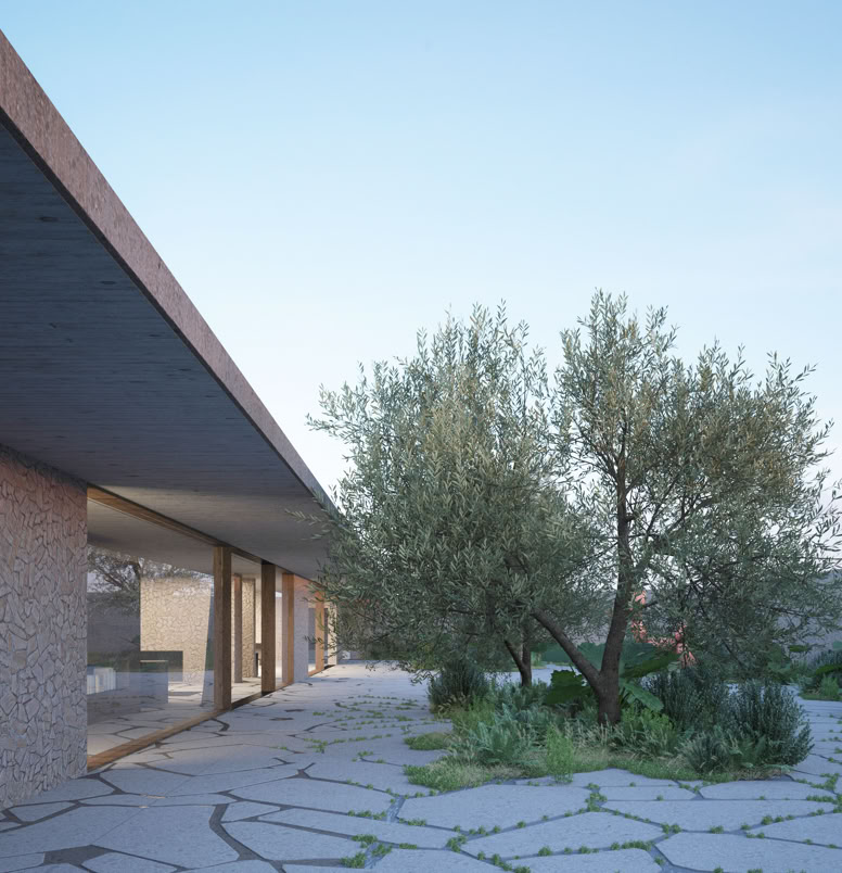 Vista esterna della villa contemporanea per le vacanze a Golfo Aranci, Sardegna, con grandi vetrate che inquadrano la vista panoramica sul mare.