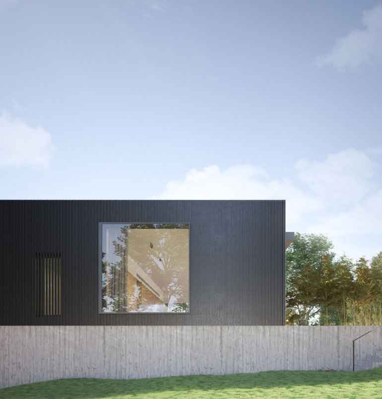 Contemporary residence in concrete, wood, and metal overlooking the river. Open, luminous living spaces with large glass walls, terraces, and a seamless connection to nature. Elegant design blending warmth, materiality, and geometric rigor.