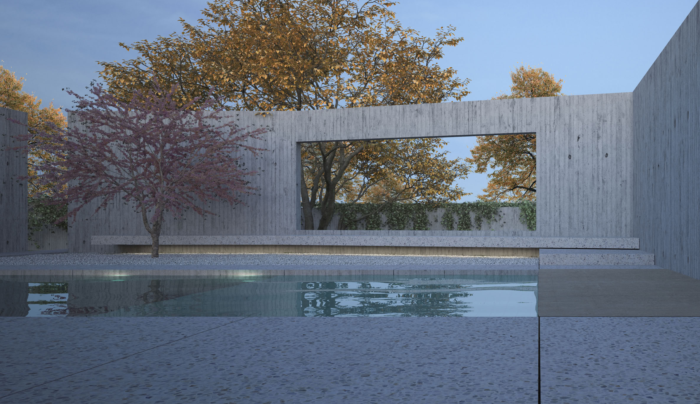 Vista serale sulla piscina outdoor della villa sul Piave realizzata da MIDE architetti. Un portale scenico inquadra il giardino permettendo allo stesso tempo di mantenere la privacy.