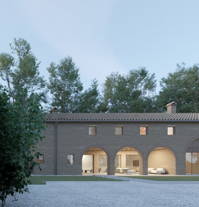 Large minimal windows that enhance the historic arches of the farmhouse, creating a seamless connection with the Italian countryside.
