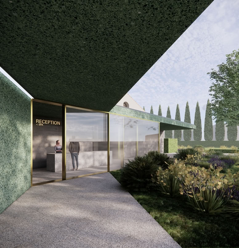 The resort entrance, characterized by clean lines and natural materials, welcomes guests with a harmonious connection between historic architecture and contemporary interventions.