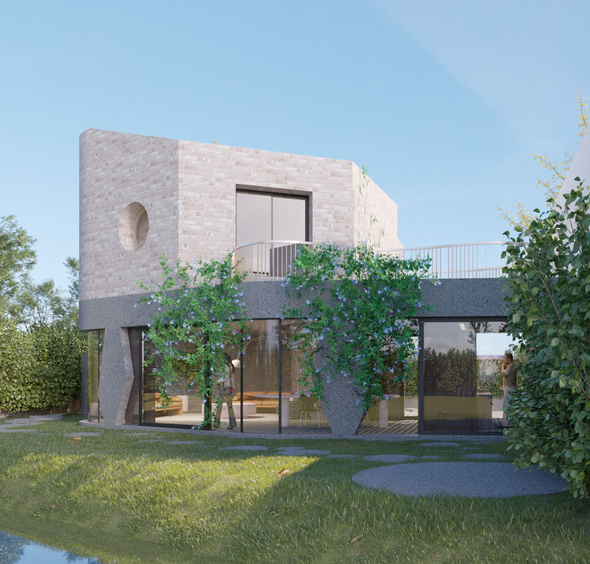 Riverfront elevation featuring natural materials and harmonious integration into the landscape.