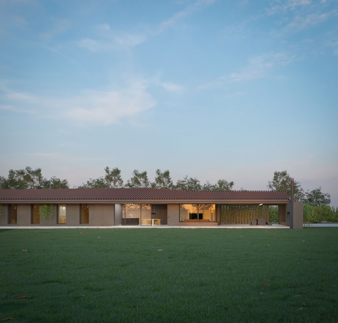 External view of a single-story contemporary villa with spacious garden