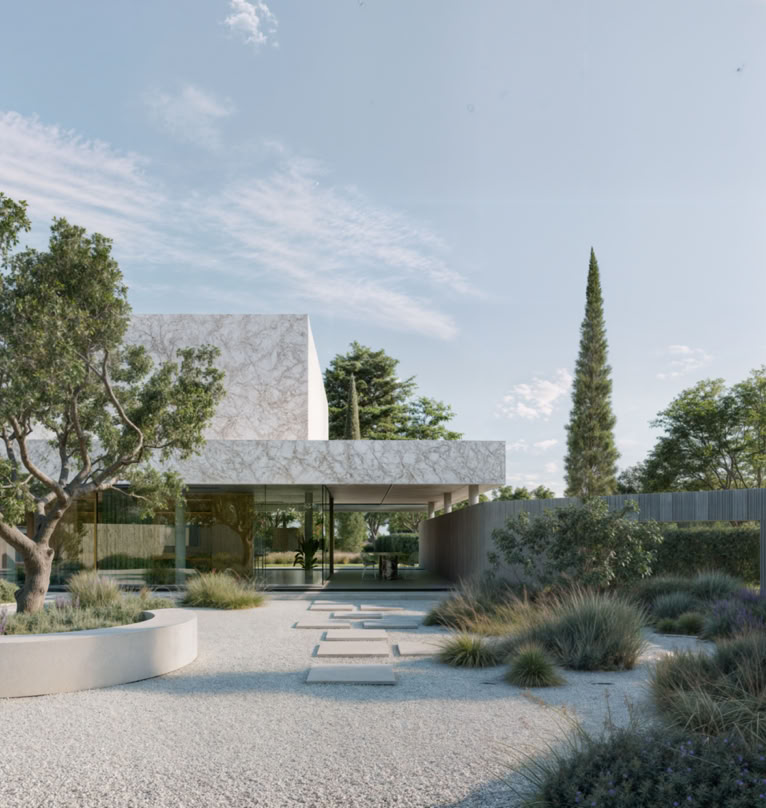 Luxury villa in Forte dei Marmi with designer bedrooms, open-plan living, sculptural staircase, and seamless indoor-outdoor connection. Contemporary Italian architecture surrounded by lush greenery. 